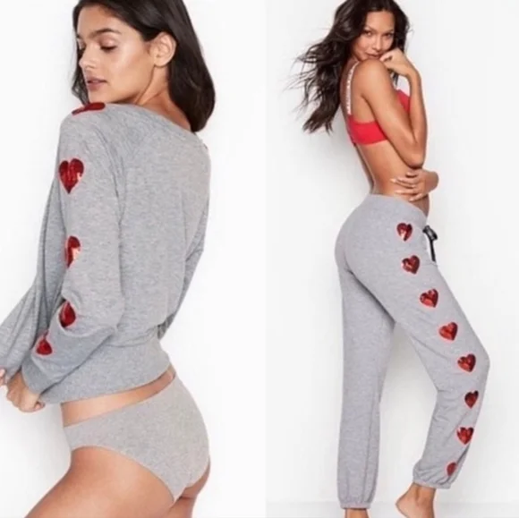 Victoria's Secret Sweatpants Set with Red Heart Sequins - Picture 1 of 9